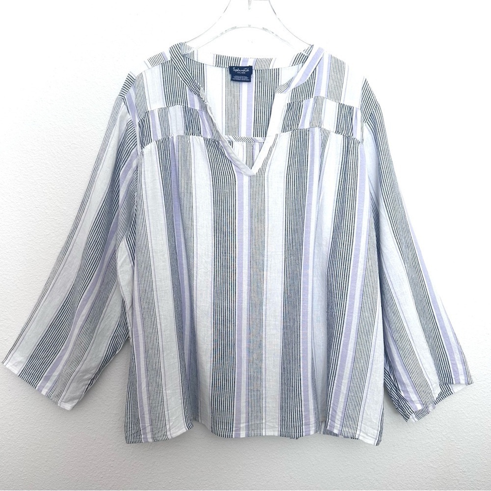 Splendid V-Neck Blouse Tunic Shirt Linen Striped 3/4 Sleeve Black White Size XXL - Picture 2 of 12